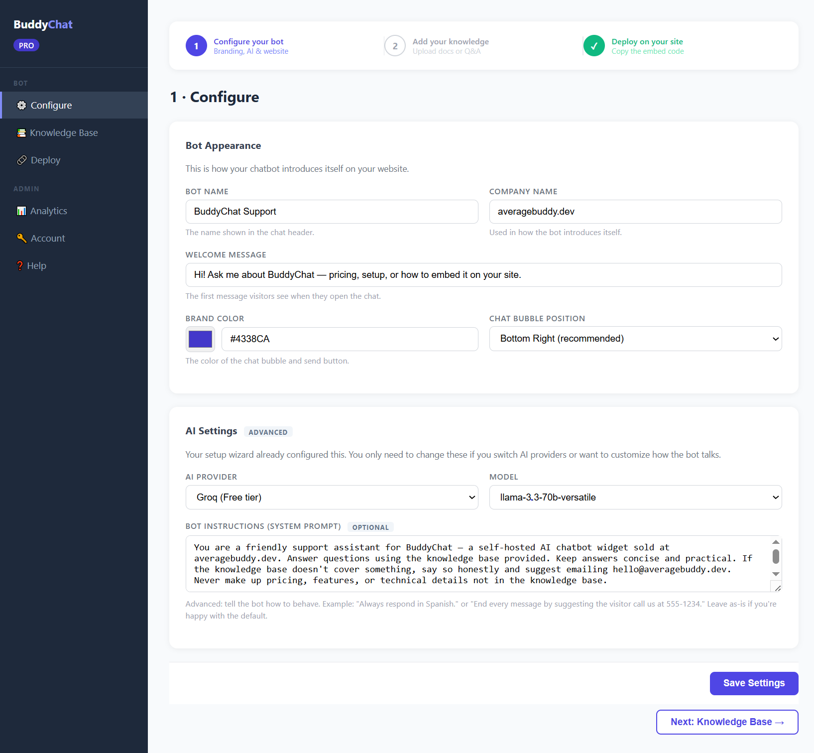 BuddyChat admin panel — configure settings